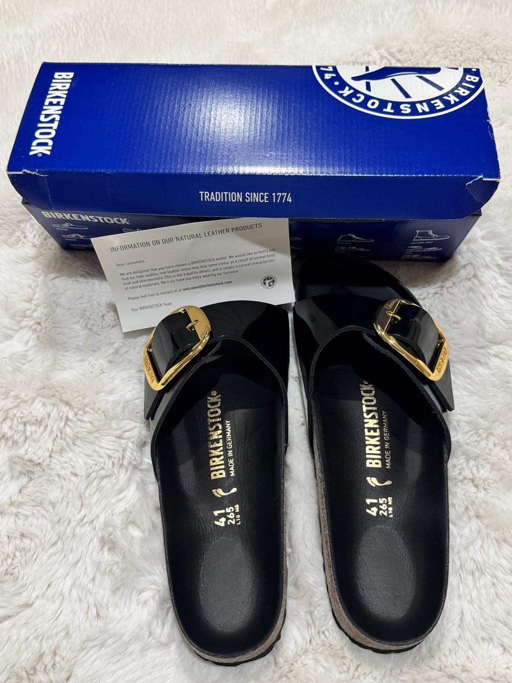 Birkenstock Women's Patent Madrid Sandal in Black with Gold Buckle